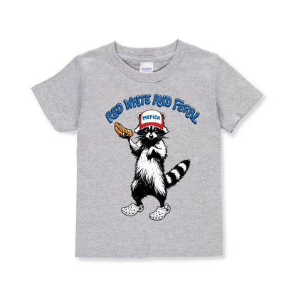 Heather gray toddler 4th of July tshirt "Red, white, and Farel" raccoon holding hot dog in crocs with hat that says "Merica" sitting on white background.