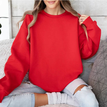 woman wearing blank Gildan heather red custom fleece adult crewneck sweatshirt - Little Gift Nook