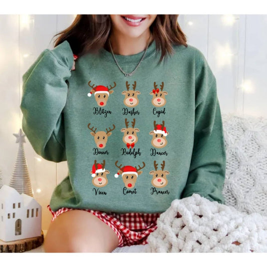 Reindeer Holiday Green Crewneck Sweatshirt. Soft forest green, fleece lined sweatshirt with 9 adorable reindeer on front and their names under.- Little Gift Nook
