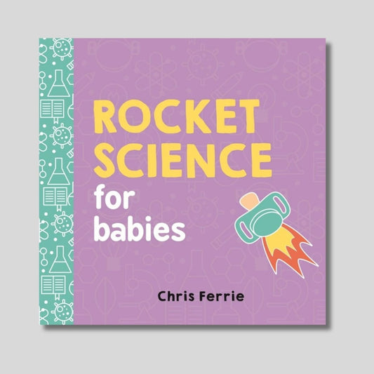 Book titled 'Rocket Science for Babies board book on a purple background. Little Gift Nook