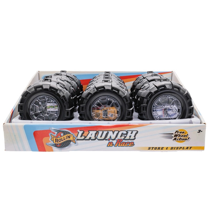 Rollin' Launch ‘N Race 4" plastic tire shaped car launcher toy. Tire opens, contains 1 matchbox style car and leaver to launch car! - Little Gift Nook