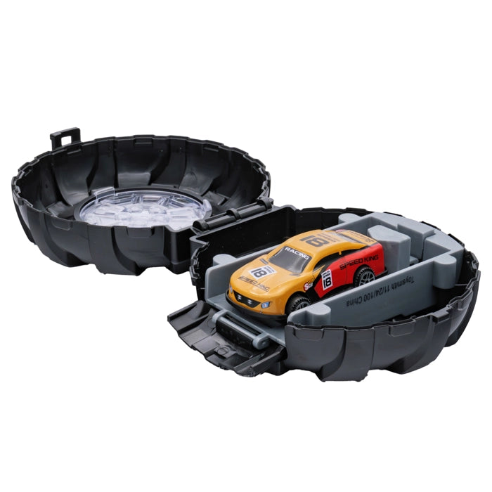 Rollin' Launch ‘N Race car launcher toy. Plastic tire opens to reveal random toy car and launcher button. - Little Gift Nook