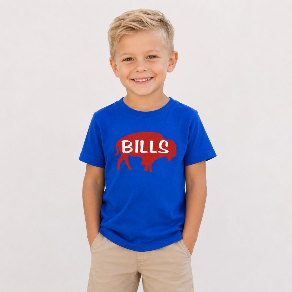 Little boy wearing royal blue red buffalo football shirt on a beige background.