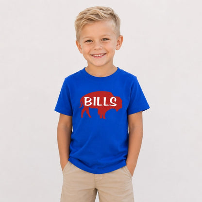 Little boy wearing royal blue red buffalo football shirt on a beige background.
