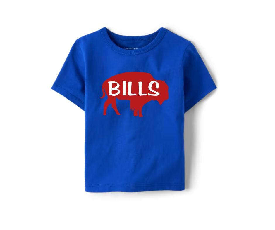 Kids royal blue tshirt with red buffalo and BILLS on front laying on a white background.