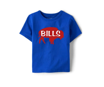 Kids royal blue tshirt with red buffalo and BILLS on front laying on a white background.