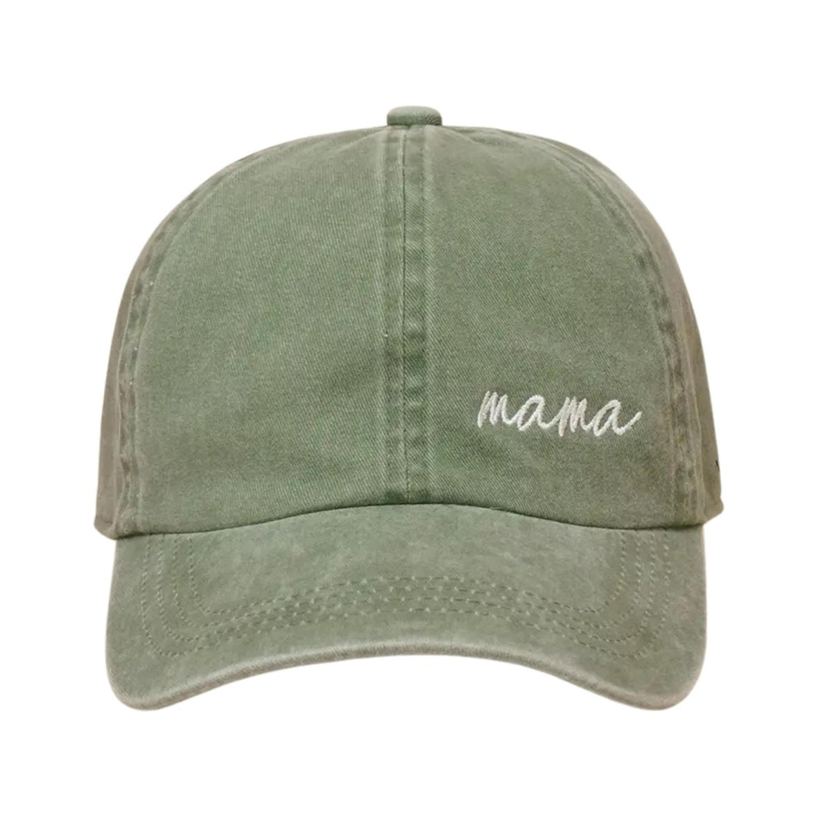 Sage-Green mama cursive embroidered baseball style cap sitting on white background.