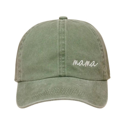 Sage-Green mama cursive embroidered baseball style cap sitting on white background.