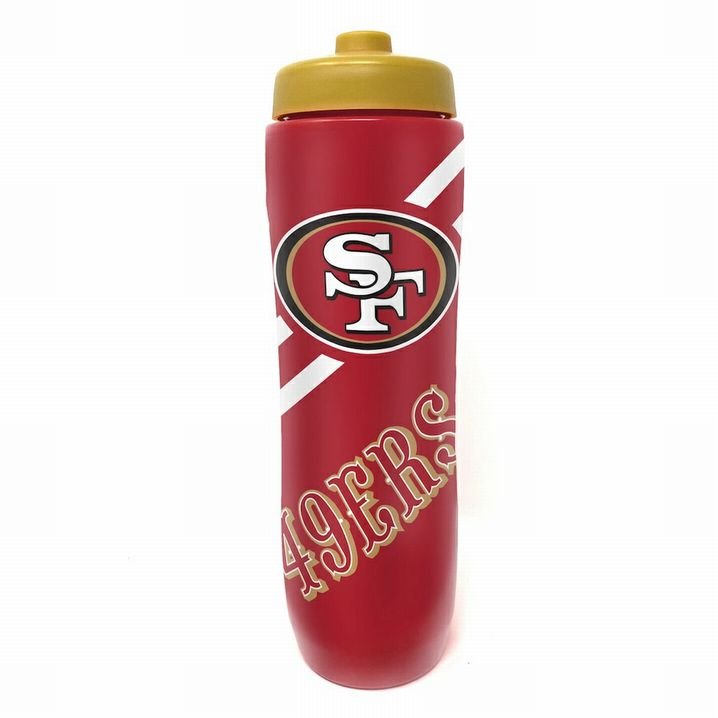 Red and gold San Francisco 49ers logo plastic Squeezy Water Bottle with squirt lid on a white background - Little Gift Nook