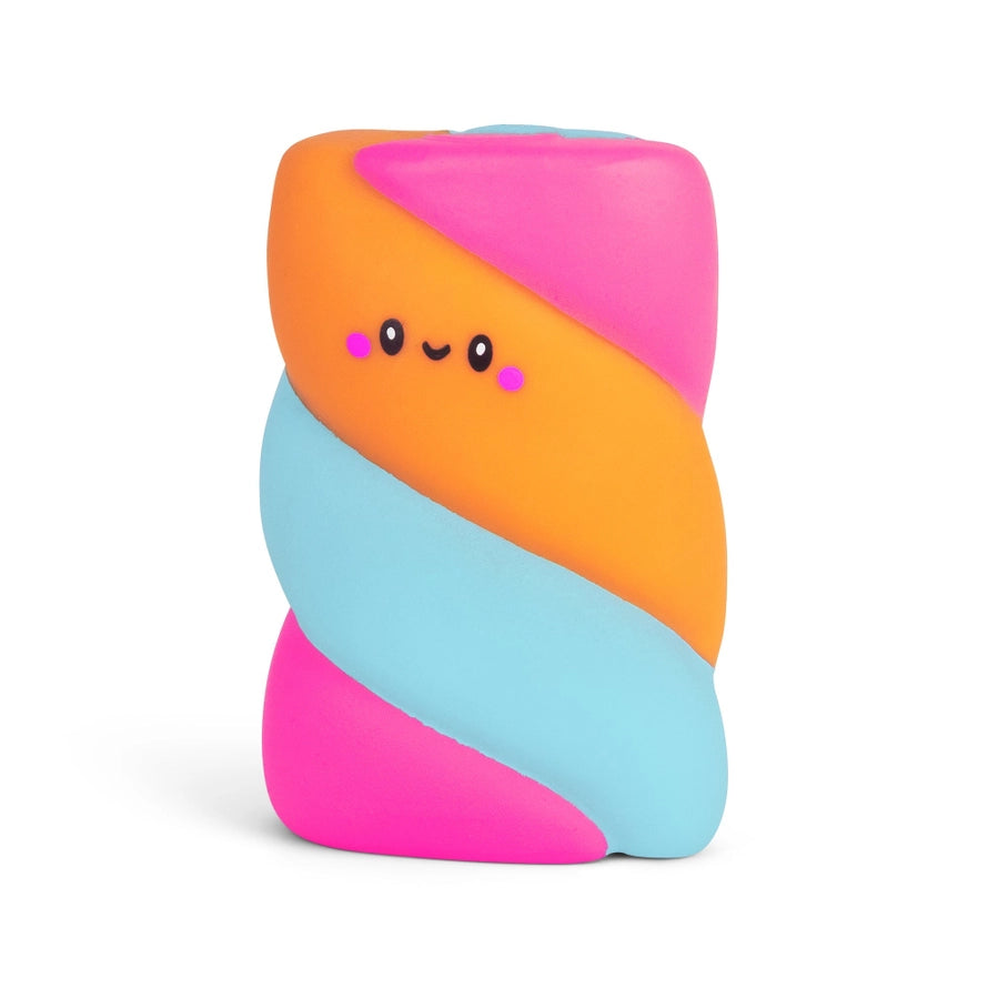 Srunchems colorful orange blue and pink striped squishy marshmallow like sensory fidget squeezy toy with a cute face on front standing on white background.