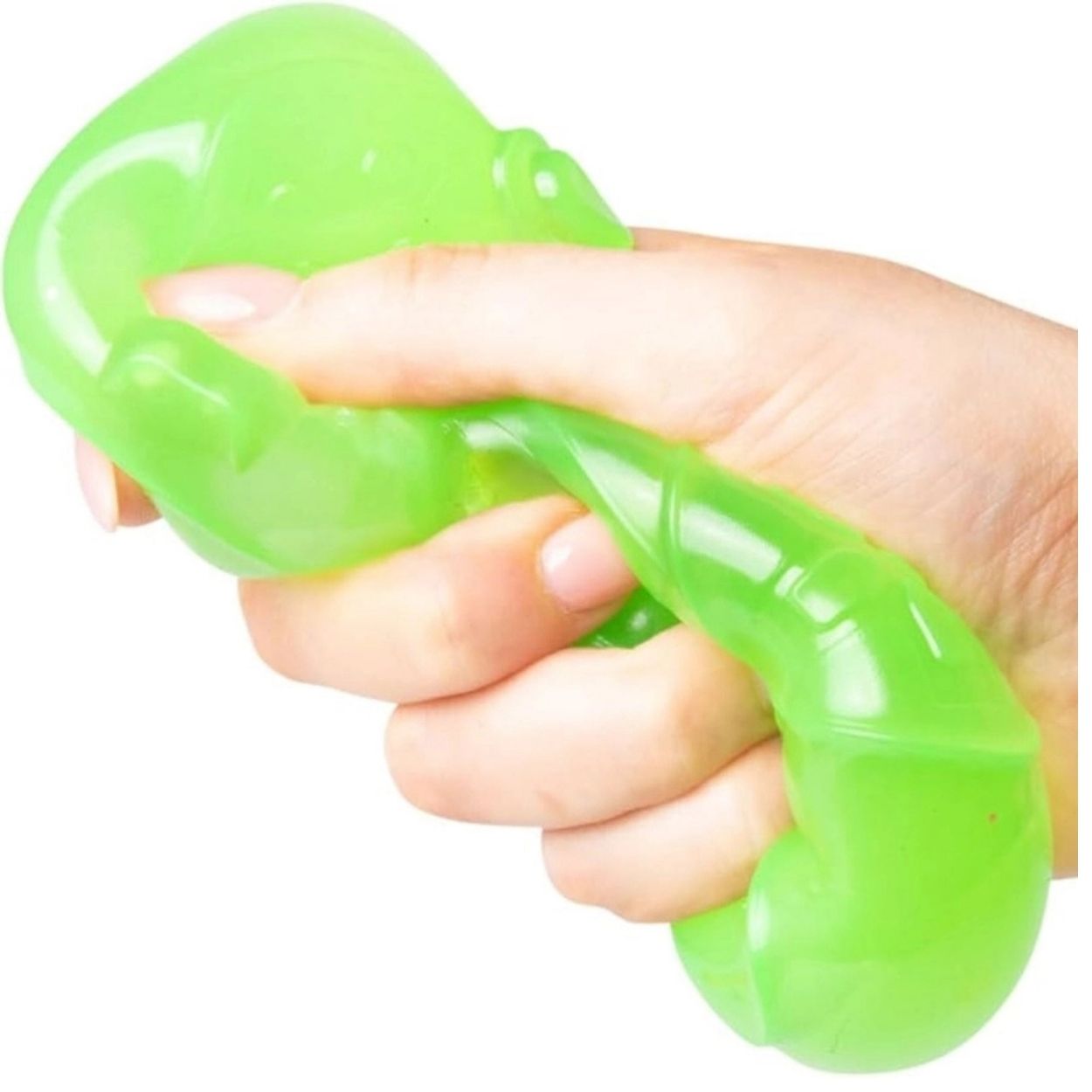 Scrunchems® Sugar Controller Squishy Fidget Toy in green being squished by hand on a white background.