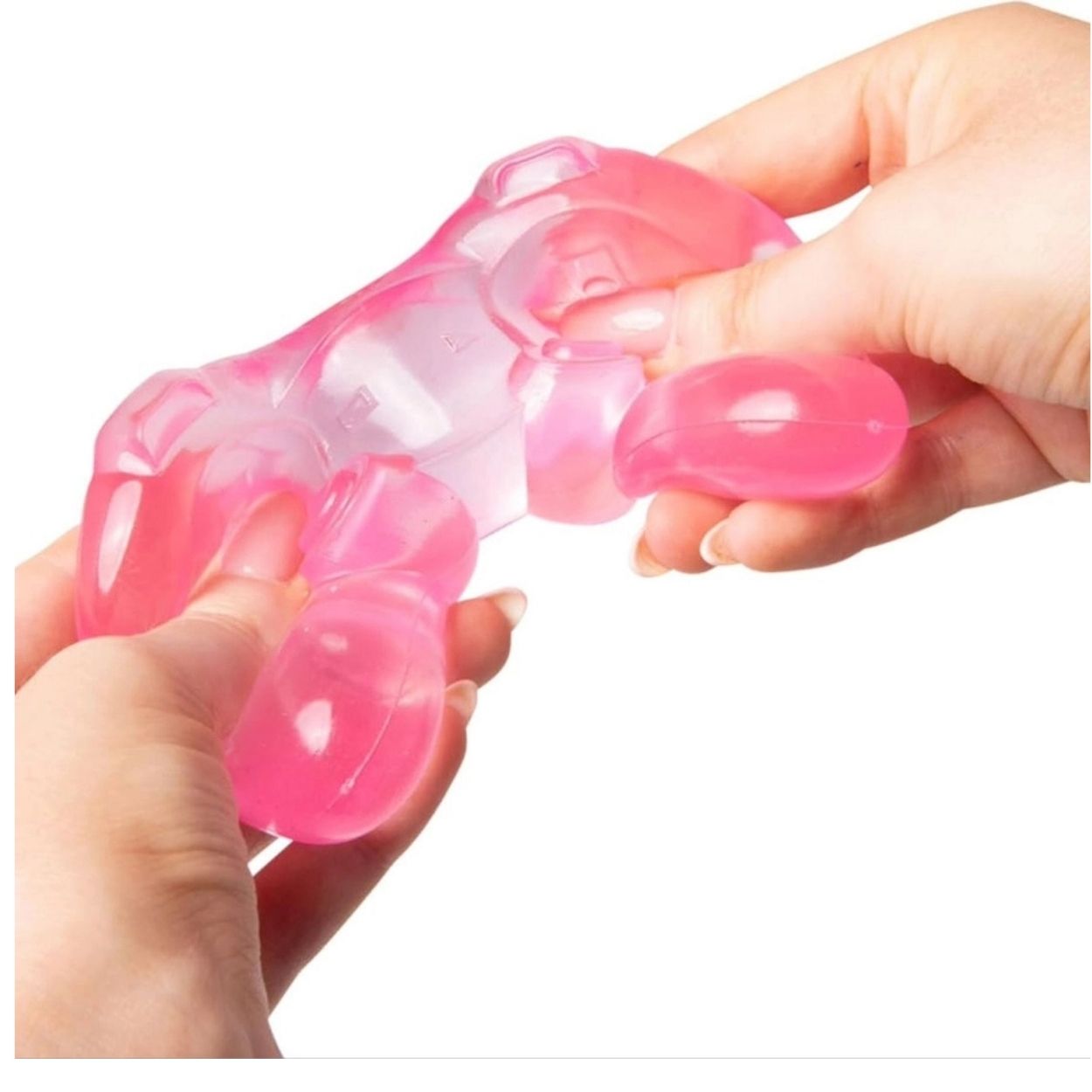 Scrunchems® Sugar Controller Squishy Fidget Toy in pink being pulled and squished by hands in front of a white background.