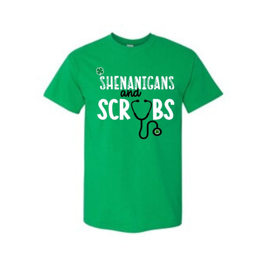 Green Shenanigans & Scrubs t-shirt with white and black lettering on a white background. Little Gift Nook
