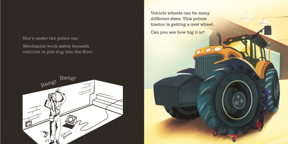 Shine-A-Light: At the Garage Book mechanic under a car and tractor. 