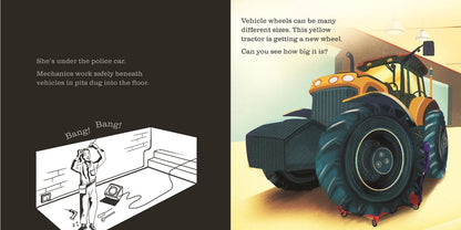 Shine-A-Light: At the Garage Book mechanic under a car and tractor. 