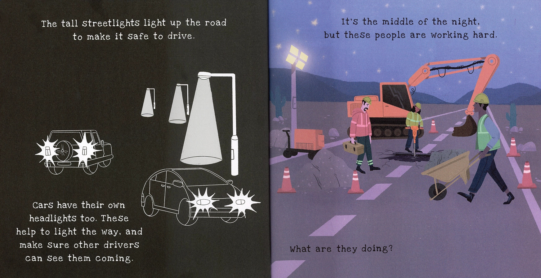Illustration of streetlights and a car with text explaining their function, followed by a scene of workers at night in Shine the Light Nighttime book.