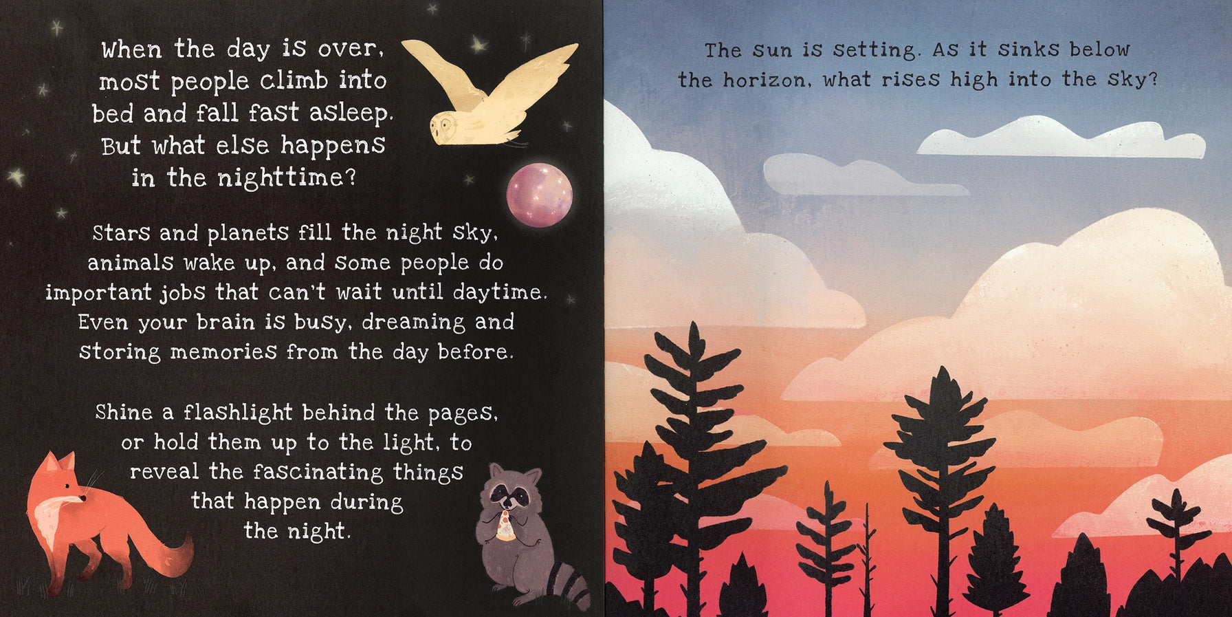 Illustration of a sunset with trees and animals, accompanied by text about nighttime activities in shine the light nighttime book. 
