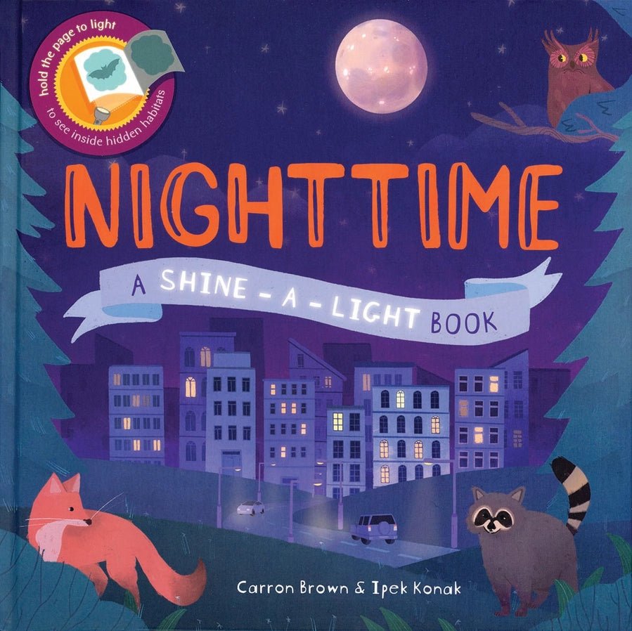 Shine a Light Nighttime book cover with racoon, fox, and city skyline. Little Gift Nook.