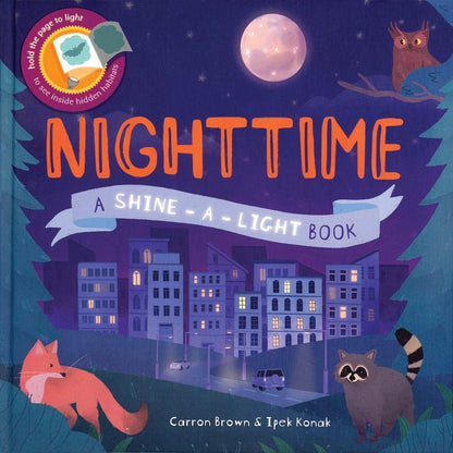 Shine a Light Nighttime book cover with racoon, fox, and city skyline. Little Gift Nook.