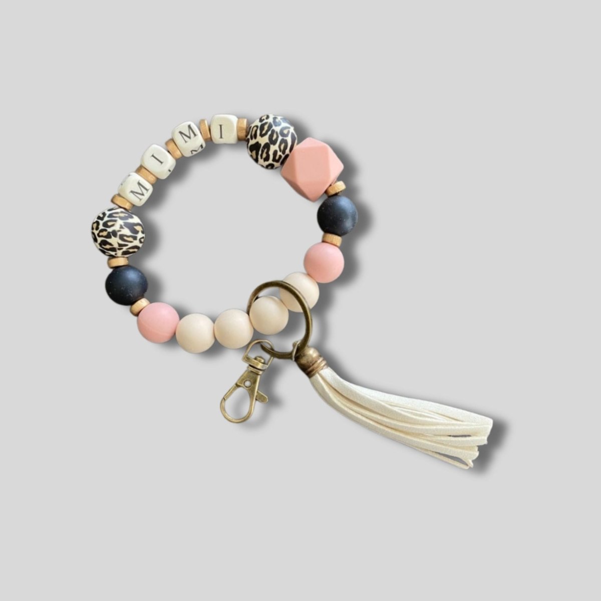 Silicone Beaded Wristlet MIMI Keychain. pink, black, animal print silicone beads with block letter beads MIMI. - Little Gift Nook