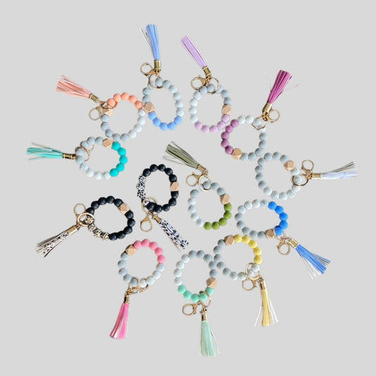 Silicone Beaded Wristlet Keychain Pick your Color! Silicone and wooden beads with keyring, tassel, and lobster clip.- Little Gift Nook