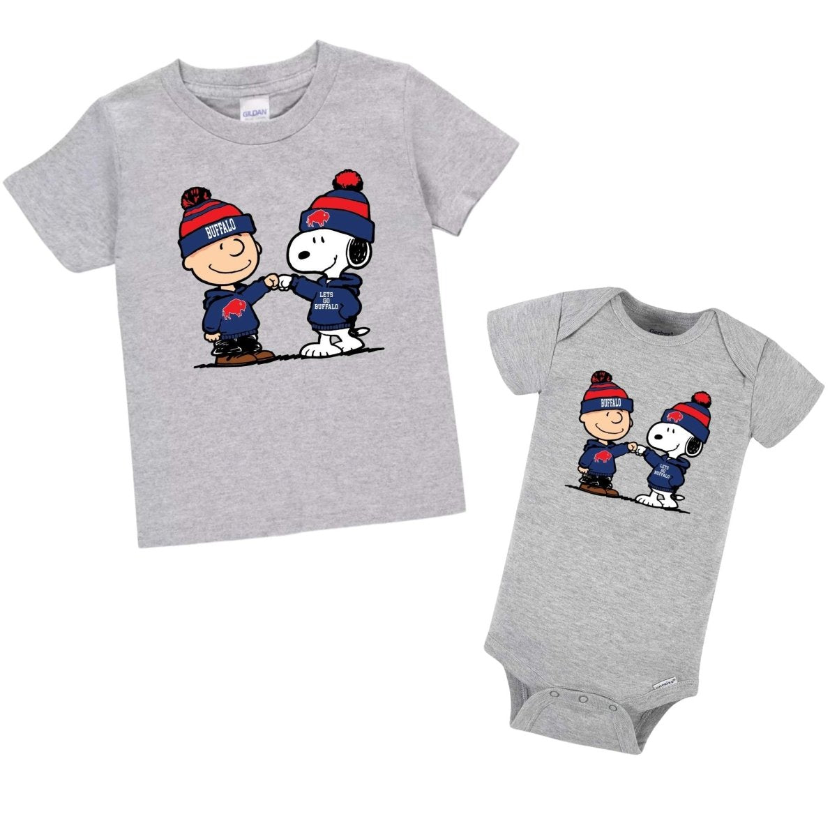 Heather gray kids and baby Charlie Brown and Snoopy Buffalo Football Shirts and onesie sitting on white background.