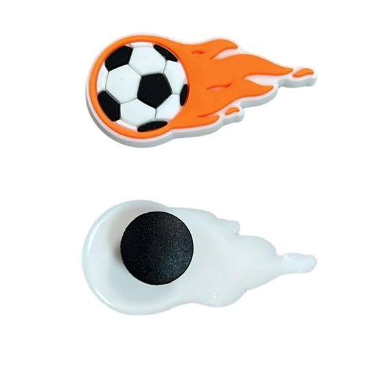 Soccer ball with orange flames design shoe charm to fit croc like shoes on white background. Front and back of charm. Little Gift Nook