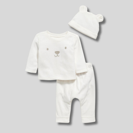 White fleece 3 piece layette set for baby - hat, top with bear face, and pants - Little Gift Nook