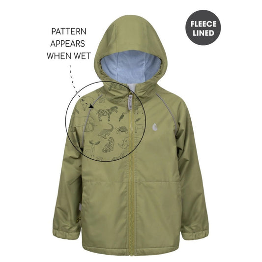 Splashmagic Storm Olive Waterproof Rain Jacket Raincoat. Waterproof with fun animal print that appears when wet.- Little Gift Nook