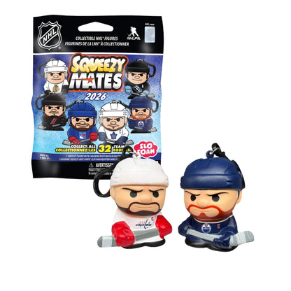 Squeezymates NHL 2026 collectible mystery bag 2 players with bag on white background.