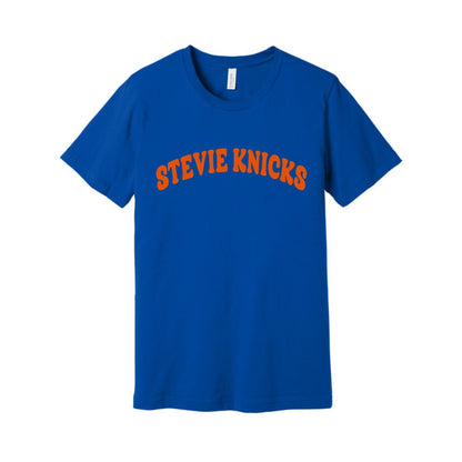 Royal blue and orange Stevie Knicks NY Basketball T-shirt laying on white background - Little Gift Nook.