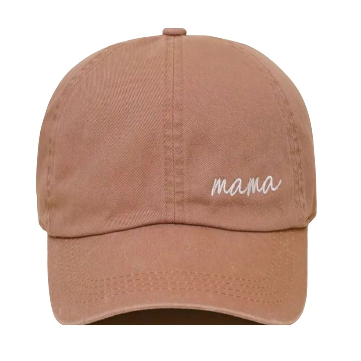 Tan mama embroidered baseball hat sitting on white background.