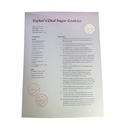 Recipe card for Taylor's Chai Sugar Cookies in back of Taylor Swift Coloring book with text and images on a white background.