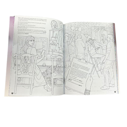Pages of Taylor Swift Coloring Book sitting on white background.