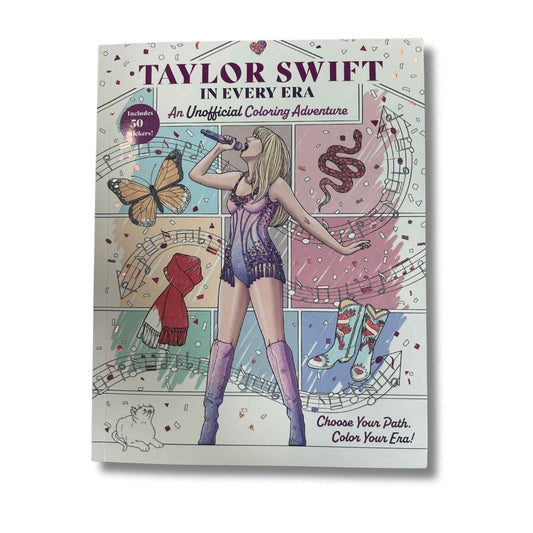 Coloring book cover featuring Taylor Swift with musical elements,stickers, and text on white background.