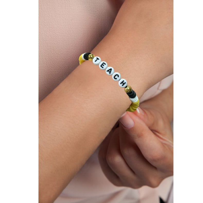 Teach Teacher Beaded Bracelet. yellow, black, and white clay beads with alphabet letter beads TEACH in center. - Little Gift Nook