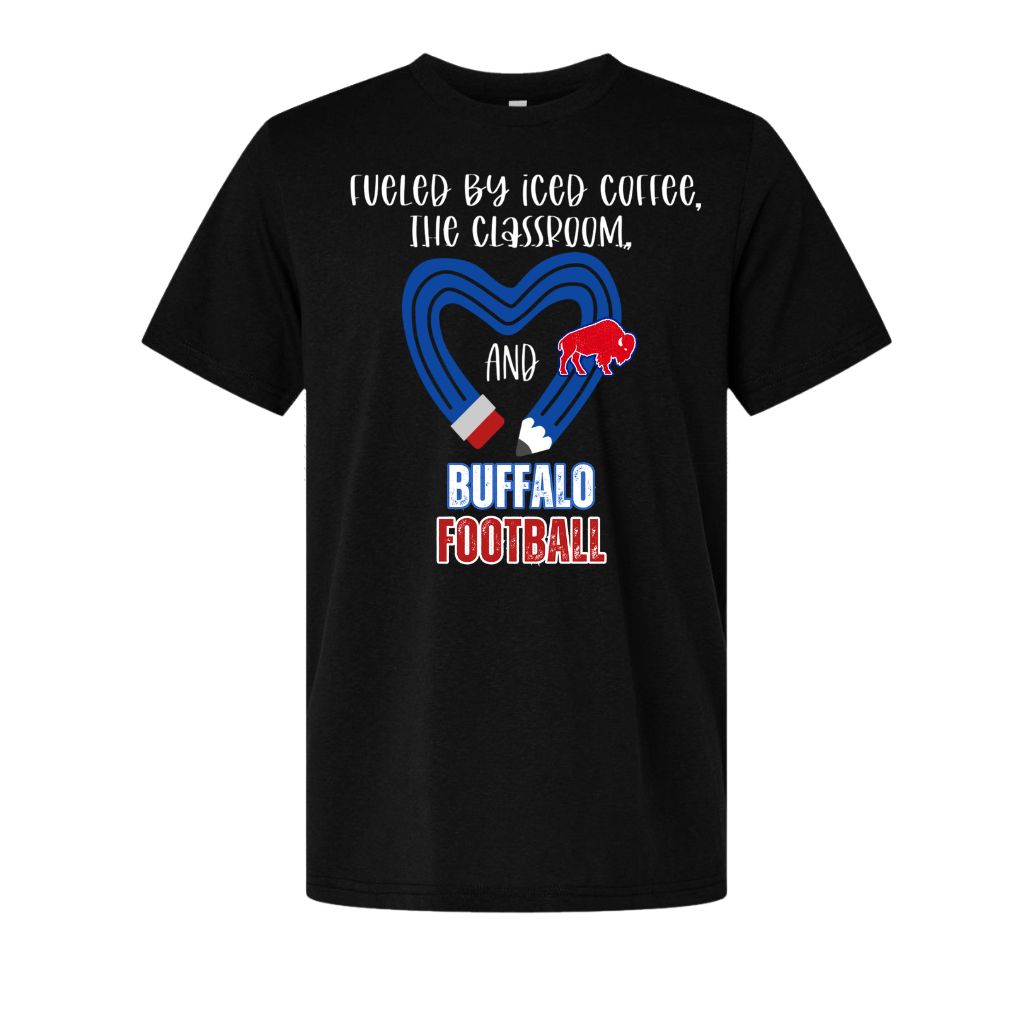 Black t-shirt with "Fueled by Iced Coffee, the classroom, and Buffalo football" and a blue heart pencil and charging buffalo on front laying flat on a white background.