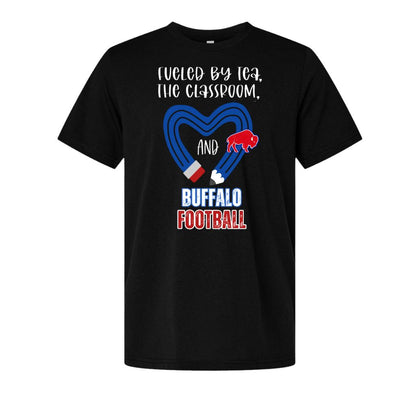 Black "Fueled by tea, the classroom, and Buffalo football" blue heart pencil red buffalo tshirt on a white background.