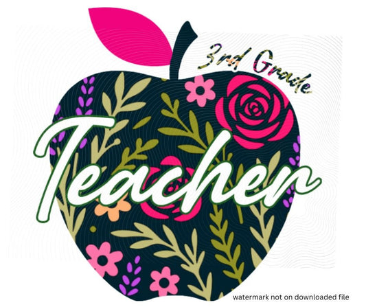 digital image of Navy floral apple with teacher in white text across front and 3rd grade in navy floral print above. Little Gift Nook