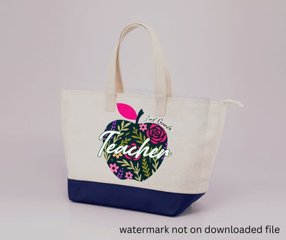 tote bag with navy floral apple 3rd grade teacher image on front.