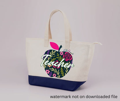 tote bag with navy floral apple 4th grade teacher image on front.