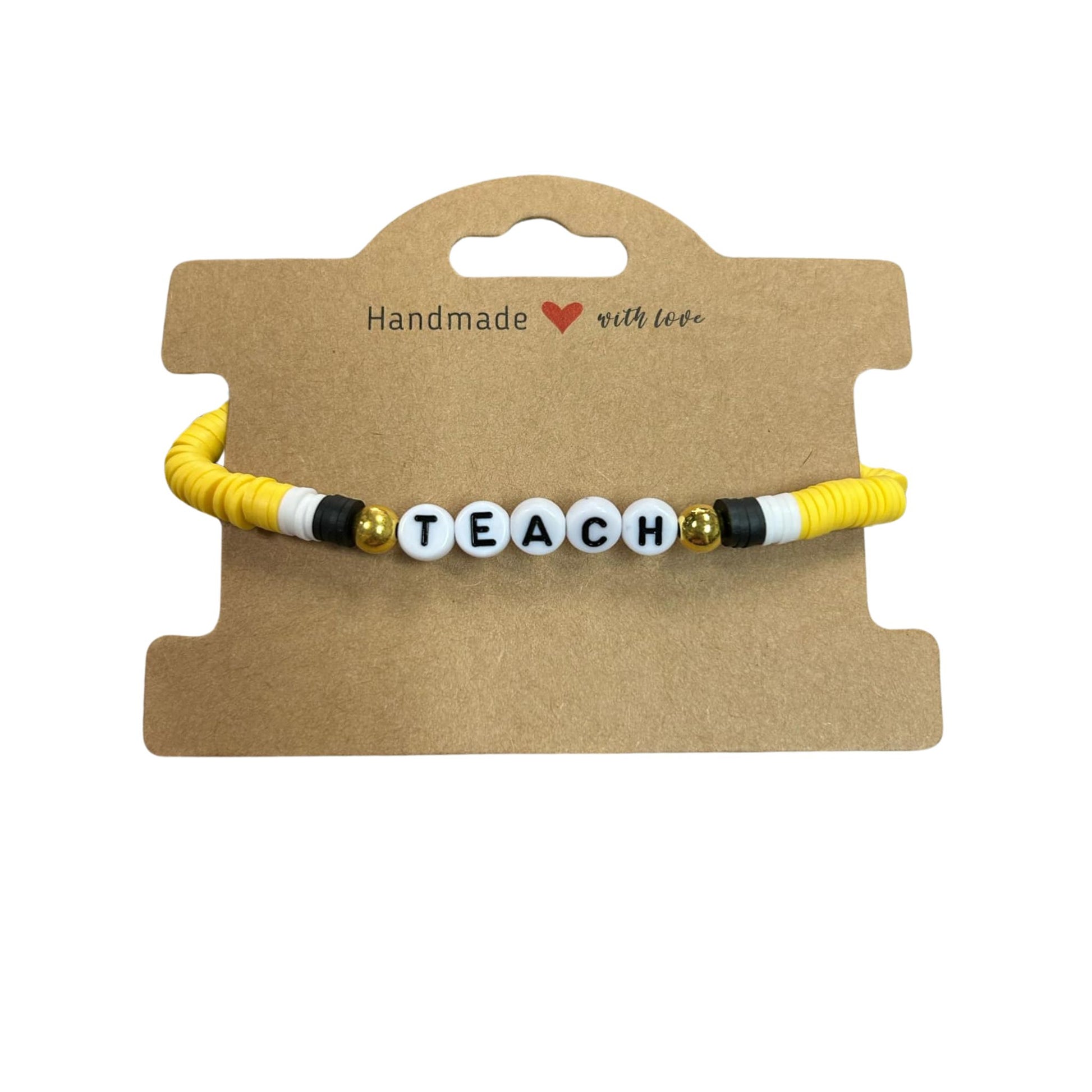 Teach Teacher Beaded Bracelet. Yellow black and white beads on stretchy band on card ready to give as gift. Little Gift Nook.