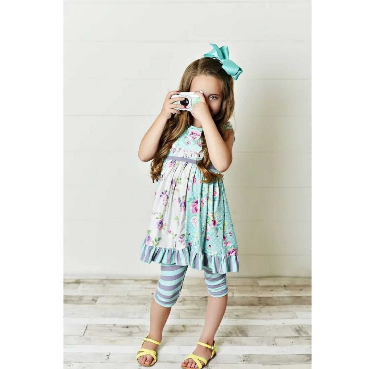 Teal Purple Floral Print Ruffle Capris Set. Teal & purple floral print sleeveless ruffle tunic and striped capris. Stretchable and super soft. - Little Gift Nook