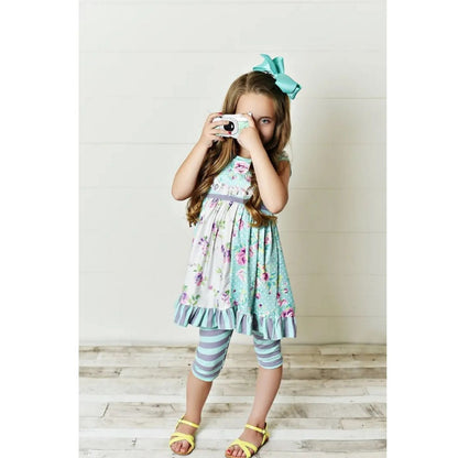 Teal Purple Floral Print Ruffle Capris Set. Teal & purple floral print sleeveless ruffle tunic and striped capris. Stretchable and super soft. - Little Gift Nook