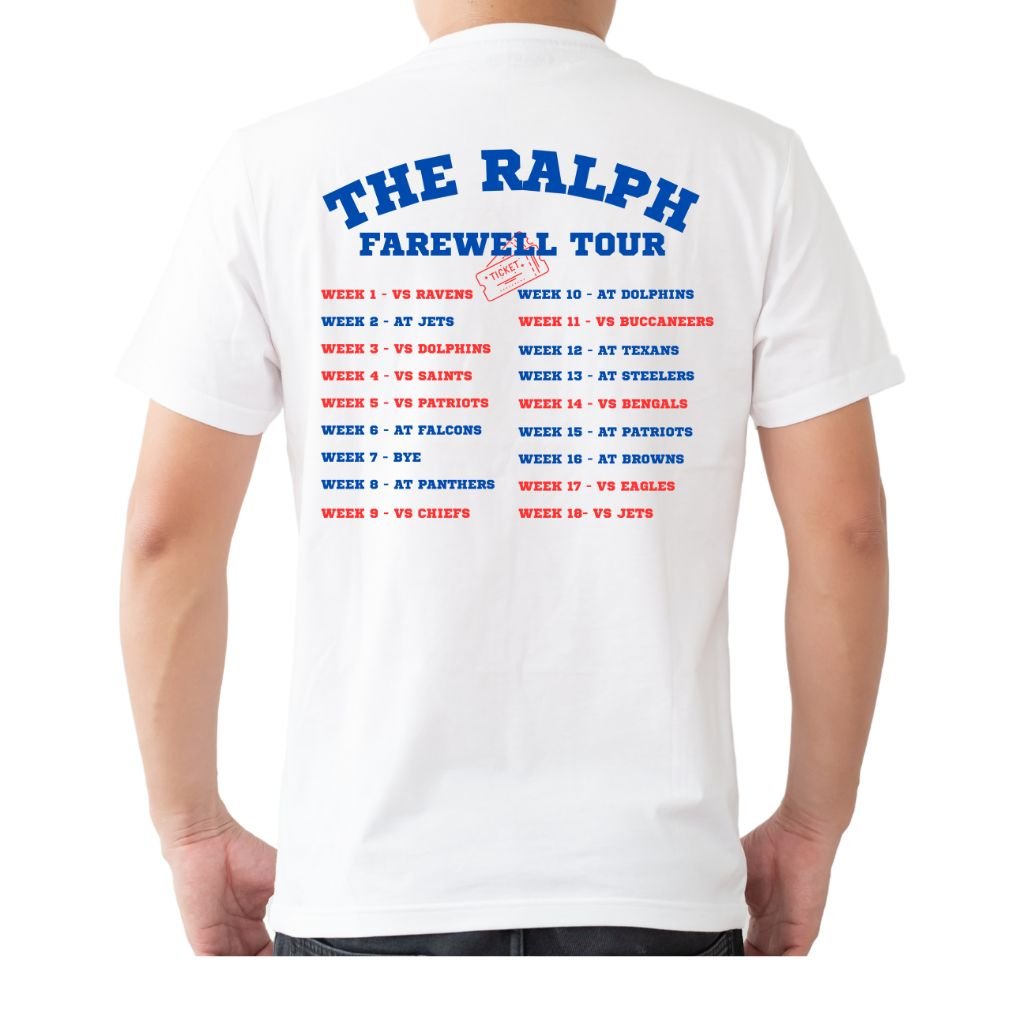 Man wearing "The Ralph Farewell Tour" Buffalo Football Tshirt in white with game dates on back.