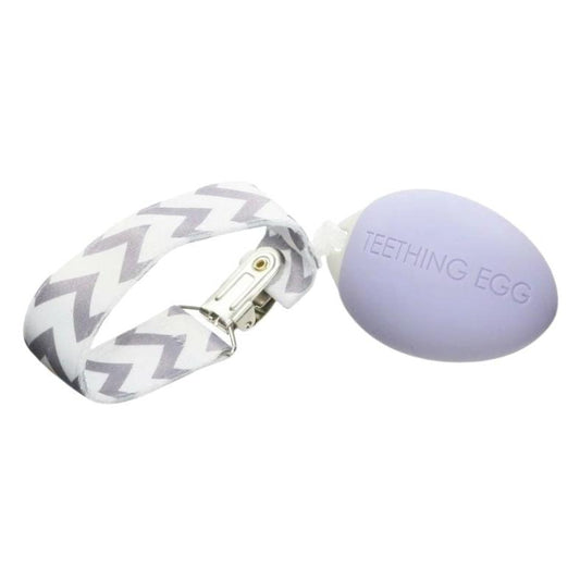 Lavender egg shaped baby teether The Teething Egg with gray white pattern strap on a white background.  Little Gift Nook