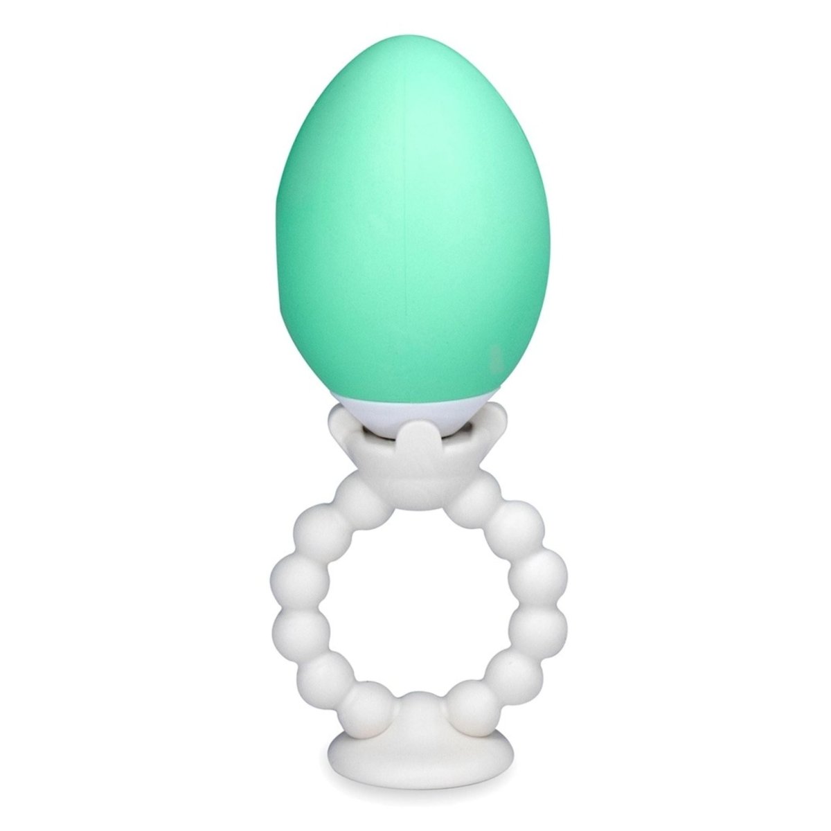 The Teething Egg The Grippie Ring attachment holder connected to mint green Teething Egg on a white background.