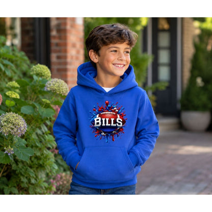 Boy wearing royal blue Bills football splatter paint hoodie outdoors.