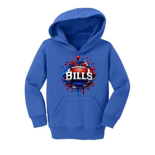 Toddler Blue Bills Splatter Paint Buffalo football hoodie sitting on white background. 