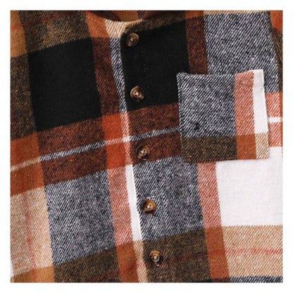 Toddler Boy Plaid Patch Pocket Button Front Jacket. Brown orange and cream colors. Flannel type jacket. - Little Gift Nook